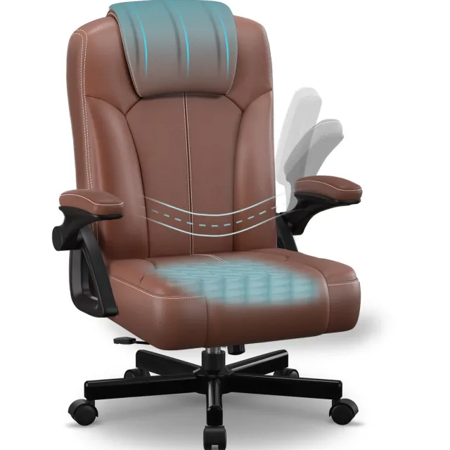 Hiazurm Bureaustoel - Ergonomische Bureaustoel - Comfortabele Kantoorstoel met S-vormige Rugleuning - 90° Opklapbare Armleuningen - Memory Foam Zitkussen - Verstelbare Rugleuning 90°-120° - 150 kg - Bruin