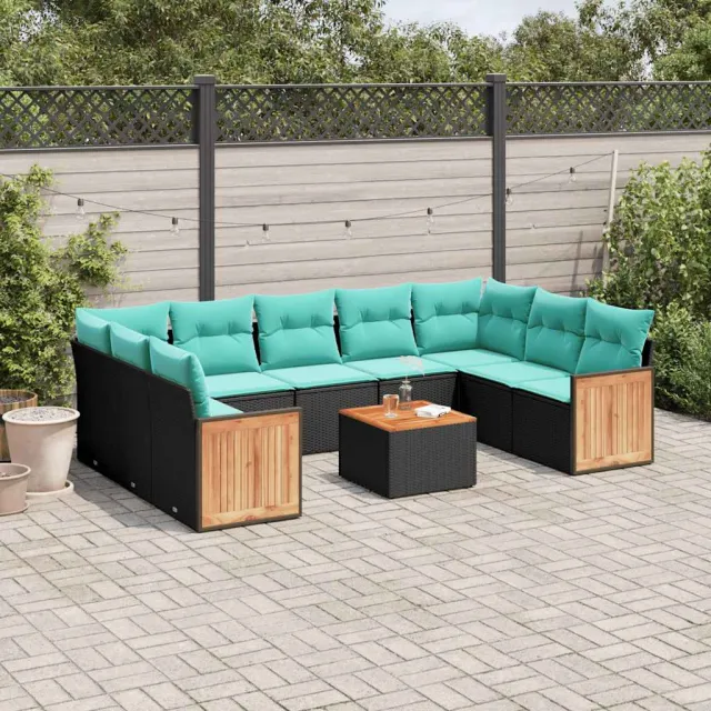 vidaXL 10-delige tuinbankset met kussens van zwart polyrotan, foto 2