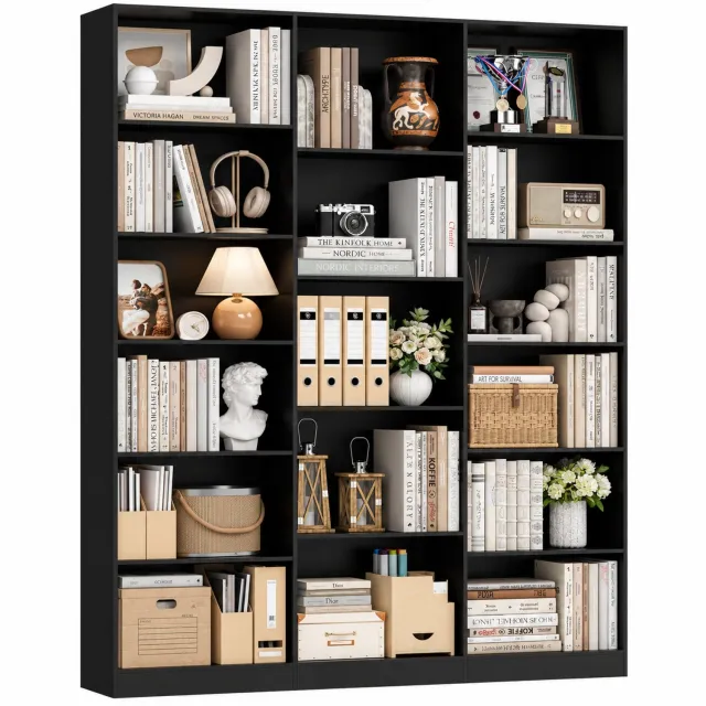 DPLUNIQ Kast - Boekenkast - Opbergkast - Boekenplank - 149x23,5x188cm - 6 Niveaus - 17 Vakken - Modern - 30kg per Vak - Zwart