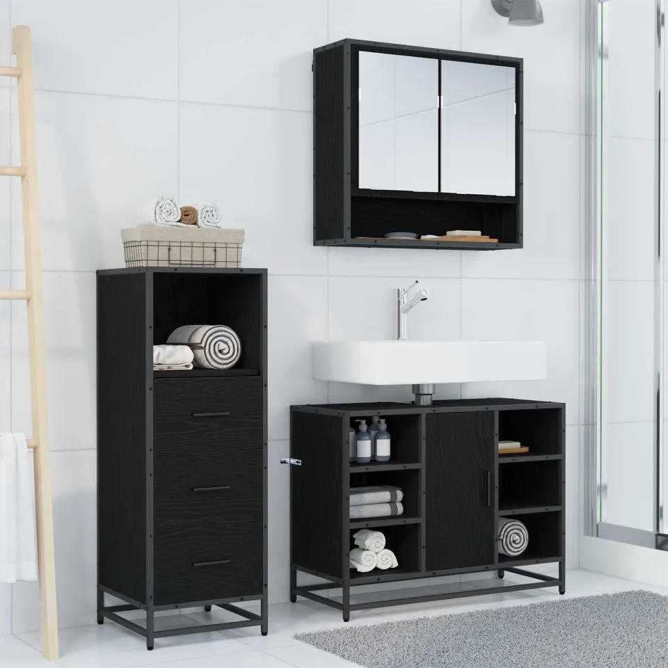 vidaXL Badkamermeubelset 3 st Zwart Eiken Bewerkt hout, foto 4