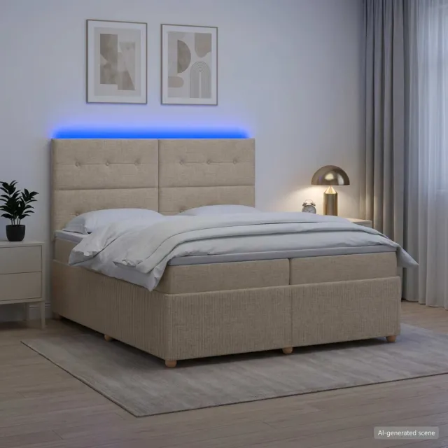 vidaXL LED Boxspring Bed met Matras Crèmekleurig 200 x 200 cm Stof