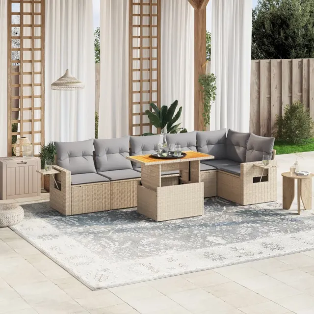vidaXL 7-delige Loungeset met kussens poly rattan beige, foto 2