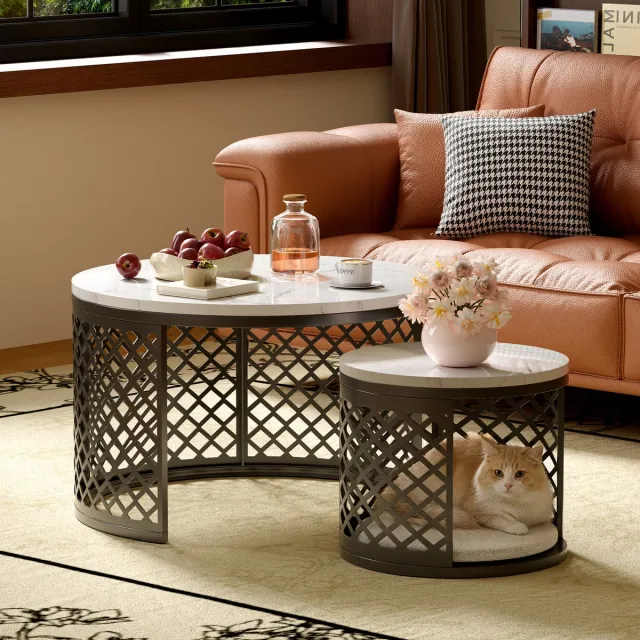 Wishdor Ronde Salontafel Set van 2 - Inschuifbare Bijzettafels met Huisdierbed - Marmerlook MDF en Zwart Metaal - Wit - Ø 70 x H 45 cm / Ø 45 x H 35 cm