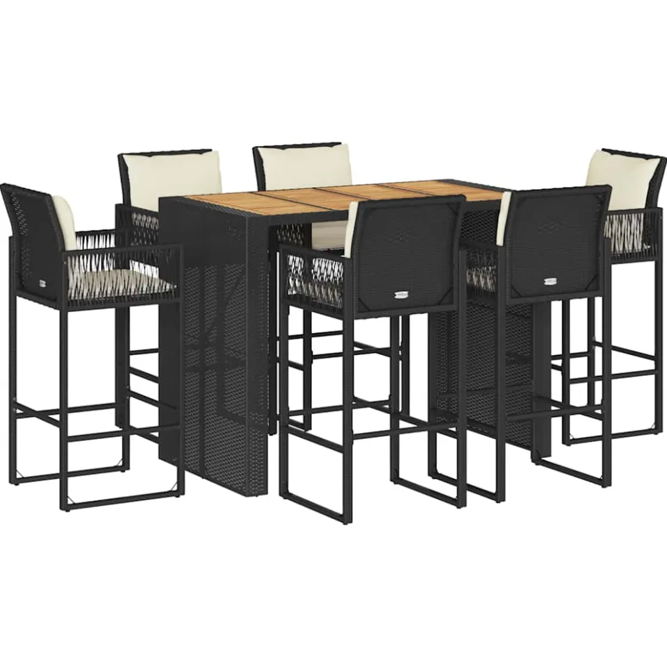 vidaXL 7-delige Tuinbarset met kussens poly rattan acacia zwart