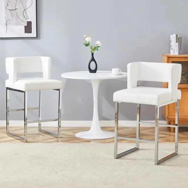 MEUNIQ barkruk set van 2 met rugleuning 91,4 cm wit en zilver, Scandinavische barkruk met gewatteerde kunstleren zitting, metalen onderstel voor bar of hoge tafel