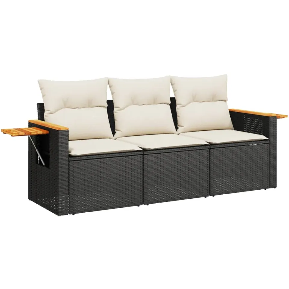 vidaXL 3-delige Loungeset met kussens poly rattan zwart, foto 3