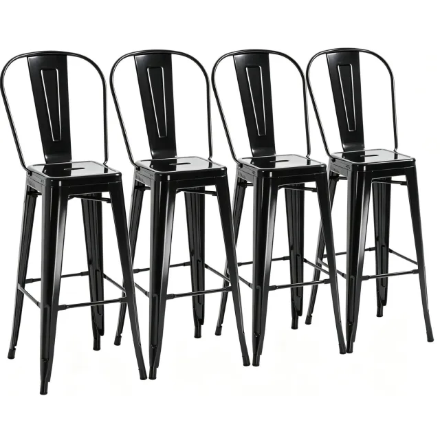SONNENH Metalen barkrukken set van 4 - Zwart - Stapelbaar met afneembare rugleuning - Zithoogte 76,5 cm