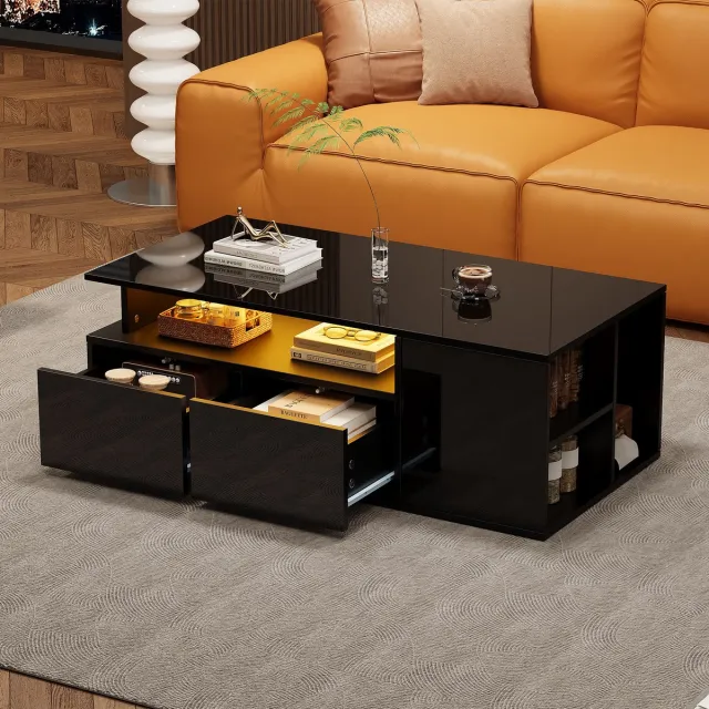 HAUSS SPOLE Salontafels Koffietafel - Salontafel Met LED Licht En 2 Lades - USB Poort + 60kg Draagvermogen - Woonkamer Tafel - 100x50x35 cm - Spaanplaat - Zwart