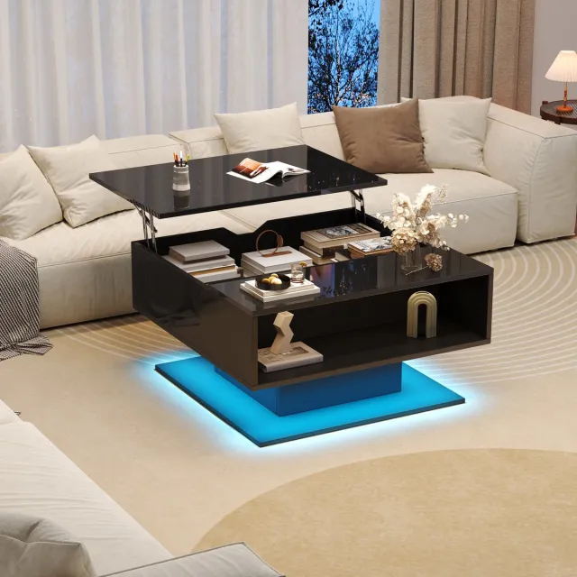 STILVORA Salontafels Koffietafel - Salontafel Met Hoogglans En LED - Bijzettafeltjes Woonkamer Met Halboffene En Verborgen Stauraum - 80x77x40 cm - Spaanplaat - Zwart