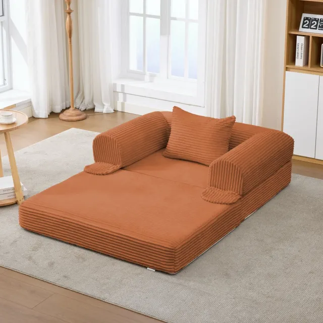 MEUNIQ 1-zits slaapbank in oranje corduroy, uitklapbaar tot een eenpersoonsbed, met kussen, lage zithoogte en compacte vorm voor woonkamer of slaapkamer