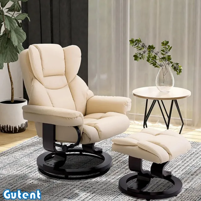 Gutent Relaxfauteuil (met kruk) - met relaxfunctie - draaibaar - max. belasting 160 kg - kunstleer - metalen frame - Crèmekleur - 80 x 79 x 100 cm melkachtig wit