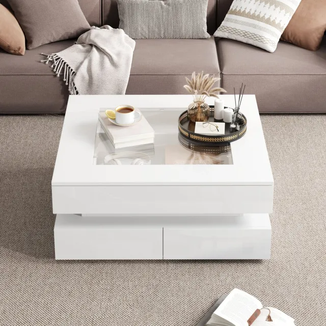 COVREO Salontafel 70 x 70 x 35 cm – wit, glazen tafelblad, 3 lades en LED-verlichting