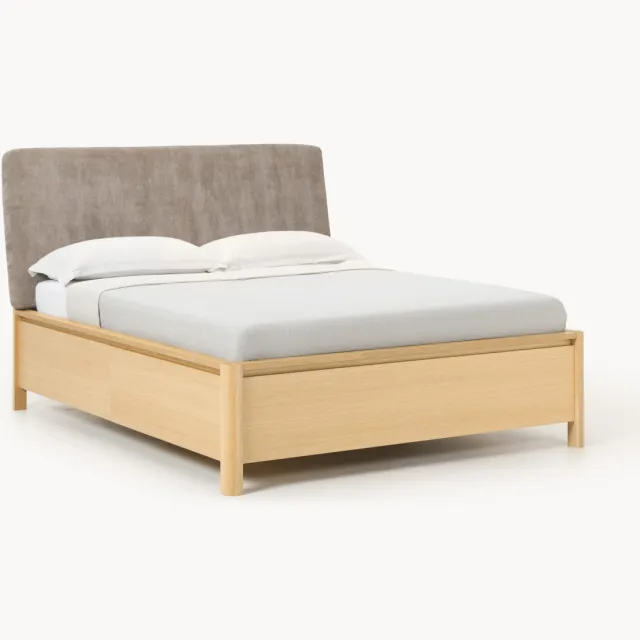 Westwing Collection Houten bedframe Santiago met gestoffeerd hoofdeinde en lades Taupe
