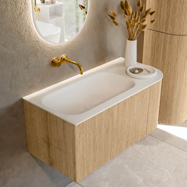 Mondiaz KURVE 95 cm Onderkast Greeploos 1 Lade Met Deuren Oak, Wastafel Solid Surface Links Talc 0 Kraangaten Zonder Spiegel (KRVBGS95R1L1D0KL-Oak/Tal)