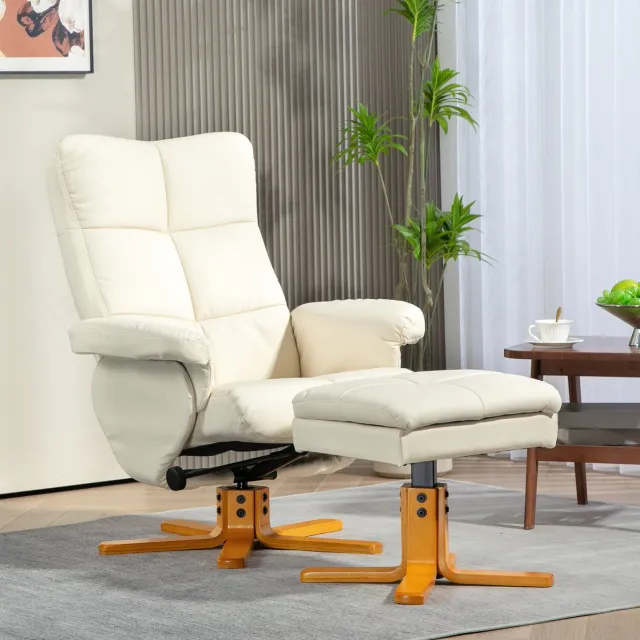 REDOM Relaxfauteuil met hocker - Verstelbare rugleuning tot 145° - 360° draaibaar - Ergonomisch ontwerp - Woonkamer en slaapkamer - Kunstleer en hout - Crèmewit - 80 x 86 x 99 cm