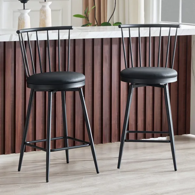 OKWISH Barkruk - 96 Cm - Windsor Rugleuning & Gewatteerde Zitting - Voor Keukeneiland en Bar - Metaal en Kunstleer - Zwart Black