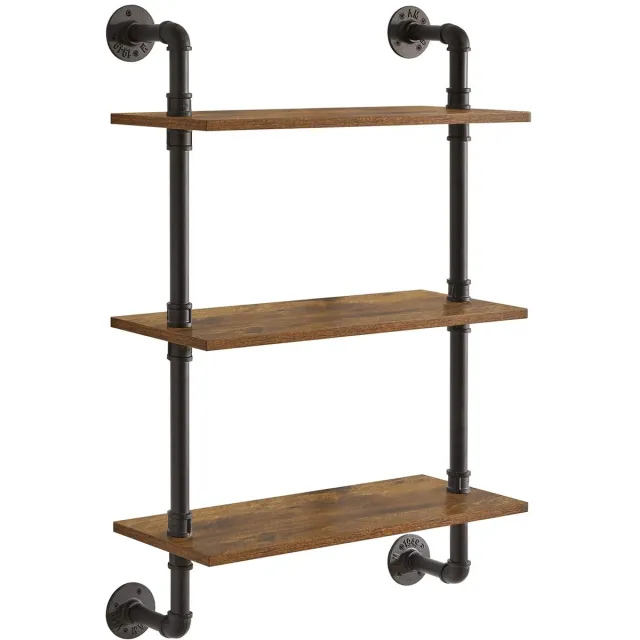 YMYNY Wandplank, zwevende plank met 3 lagen, houten wandplank in retro industrieel design, 60 cm, stabiel, metalen frame, staande plank als wanddecoratie, voor woonkamer, keuken en badkamer HD-HRF-TM003 Rustiek bruin