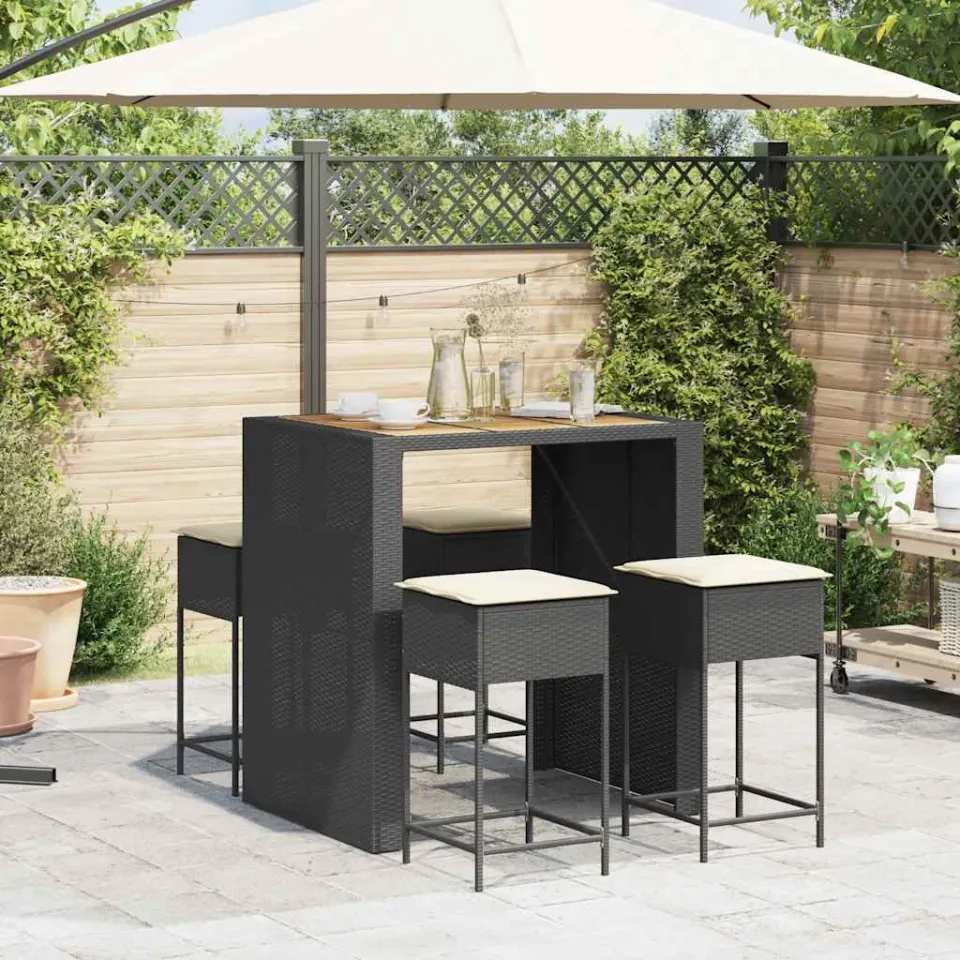 vidaXL 5-delige Tuinbarset met kussens poly rattan zwart, foto 3