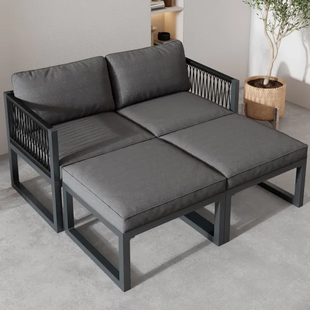 HAUSS SPOLE Loungeset 66 X 60 X 64 Cm - Verstelbaar Met 2 Poefs En Poef Tafel - Voor Tuin En Terras - Stof Metaal - Grijs