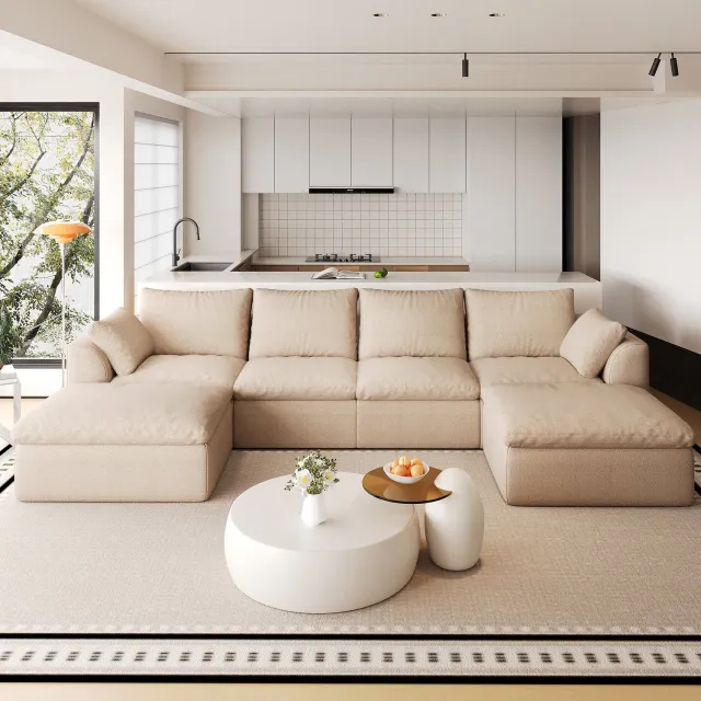 STILVORA U-bank 310 x 155 x 83 cm - 6-Zits met Zachte Schuimvulling - Compressieverpakt voor de Woonkamer - Linnen - Khaki