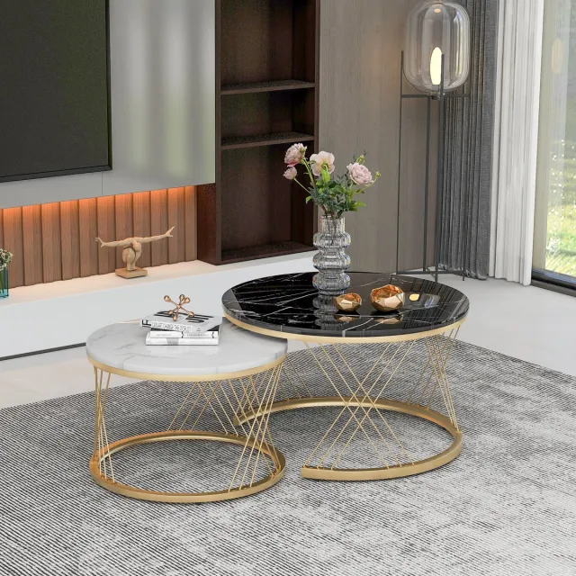 Clruro Salontafel Set - Rond (Set van 2) - Moderne Nesting Marmerlook - Luxe Frame - Metaal - Goud