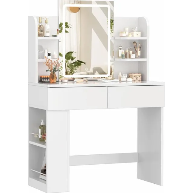 Sierra , Kaptafel met Spiegel en Verlichting，verstelbare helderheid，Make-up Tafel met 2 laden, 4 planken, modern make-upbureau voor slaapkamer en kleedkamer, 90 x 40 cm (Wit)