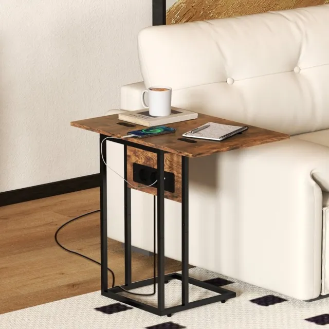 MEUNIQ opklapbare bijzettafel 39 x 29 x 57 cm met uitschuifbaar blad, laadstation met 2 stopcontacten, USB en USB-C, C-vormig metalen frame, bruin Rustic Brown
