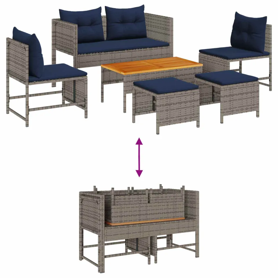 vidaXL Tuinbankenset 6 st Grijs en Marineblauw poly rattan, foto 3