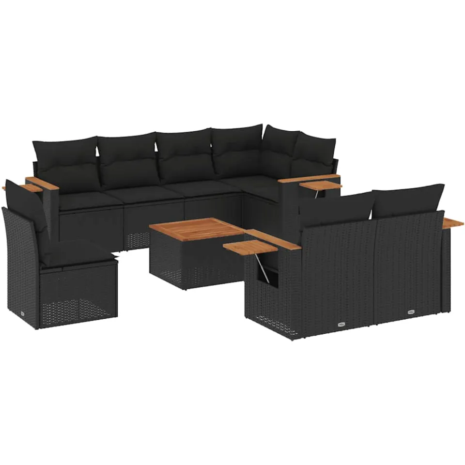 vidaXL 9-delige Loungeset met kussens poly rattan zwart, foto 3