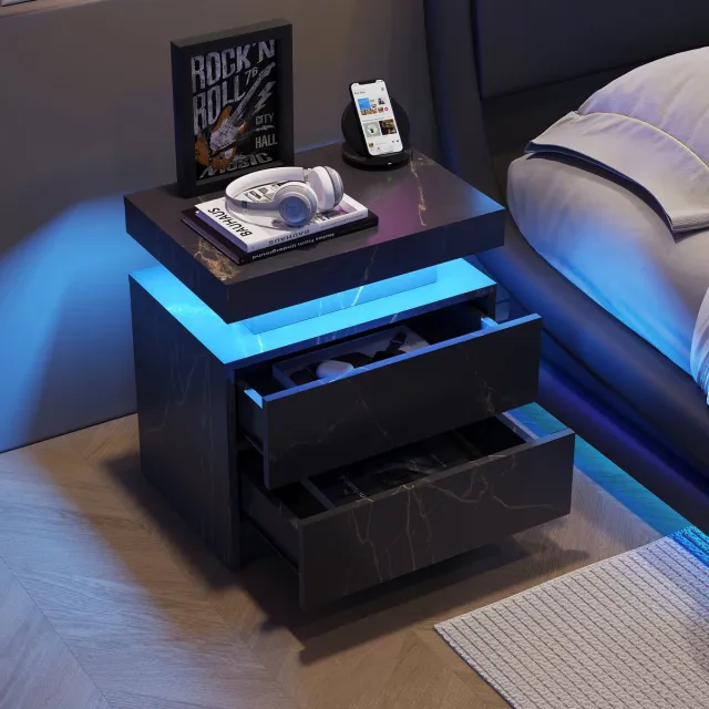 Merax Nachtkastje met LED Verlichting - Zwart-Goud Bijzettafel met 2 Lades - Moderne Bedkast voor Slaapkamer of Woonkamer Zwart; Goud