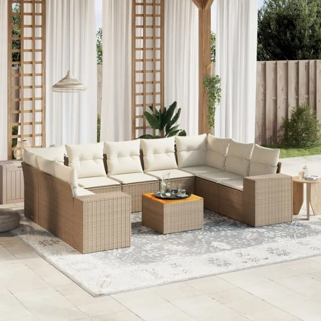 vidaXL 10-delige Loungeset met kussens poly rattan beige, foto 2