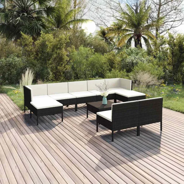 vidaXL 10-delige Loungeset met kussens poly rattan zwart, foto 2