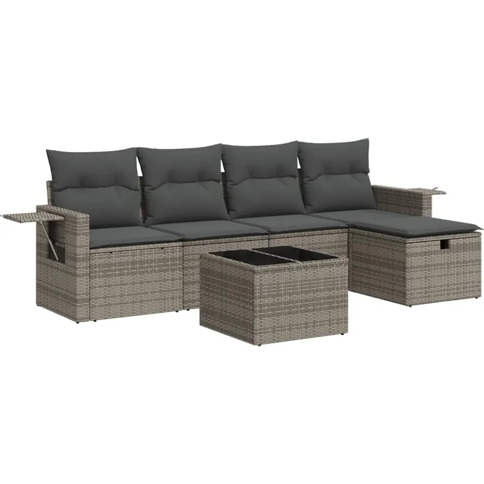 vidaXL 6-delige Loungeset met kussens poly rattan grijs, foto 3
