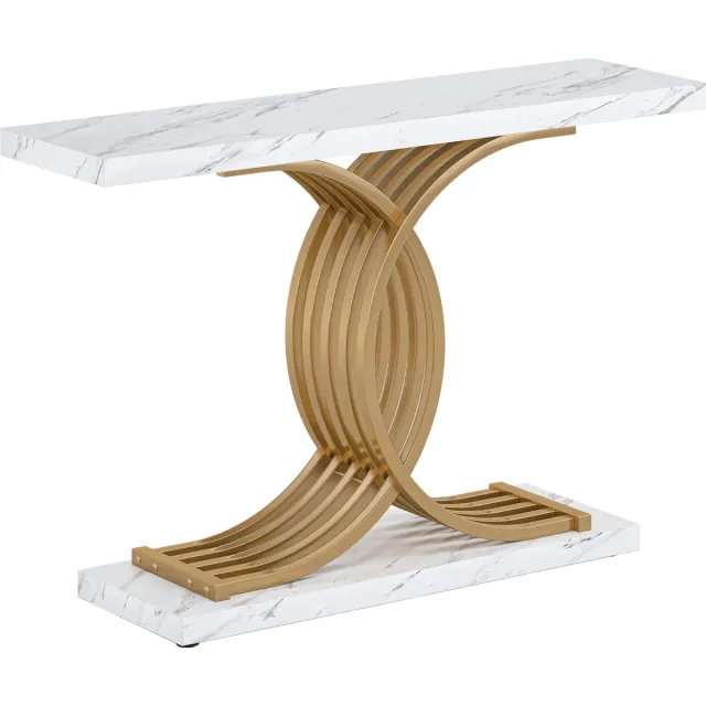 Happiq Moderne Console Tafel - Sidetafel - Wandtafel - Haltafel - Wit/goud - Voor Hal of woonkamer of Gang - Marmer look - 100cm