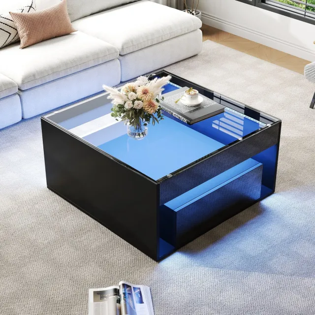 Wishdor Salontafel - 2 Laden En Ledverlichting - Modern - Voor De Woonkamer - MDF En Gehard Glas - Zwart - 70 X 70 X 35 Cm