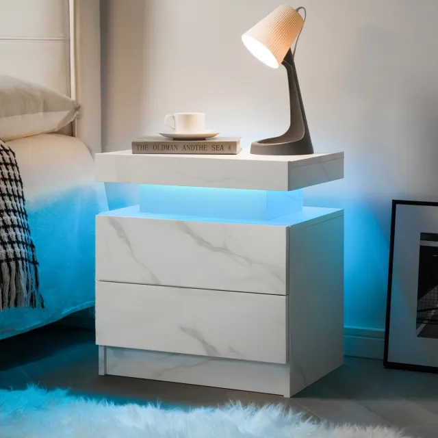 MIVRAY Nachtkastje - Met Verstelbare Ledverlichting En 2 Laden - Voor Slaapkamer En Woonkamer - Bewerkt Hout - Mat Wit