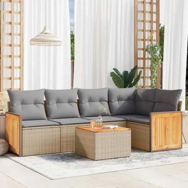 vidaXL 6-delige Loungeset met kussens poly rattan beige, foto 2