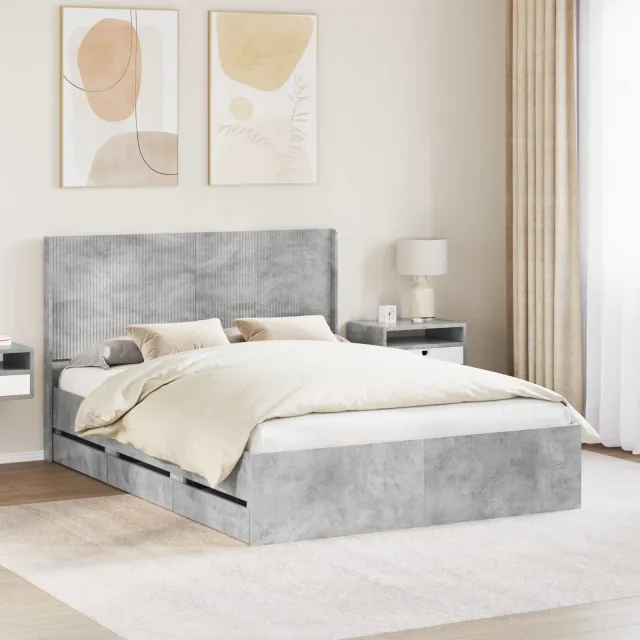 vidaXL Bedframe met opbergruimte en hoofdbord Betongrijs 140 x 200 cm