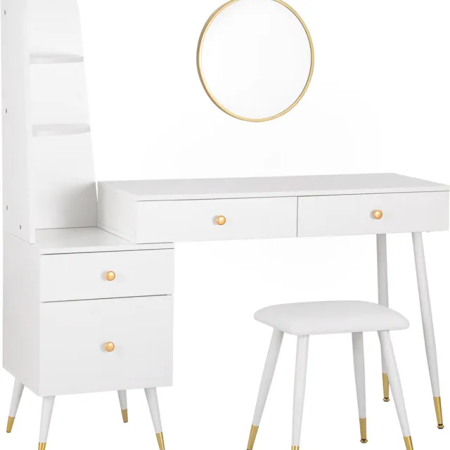 Happyment Kaptafel Diva - Inclusief spiegel en krukje - Wit - Kinderen & volwassenen - Make up tafel voor meisjes Wit, kastje