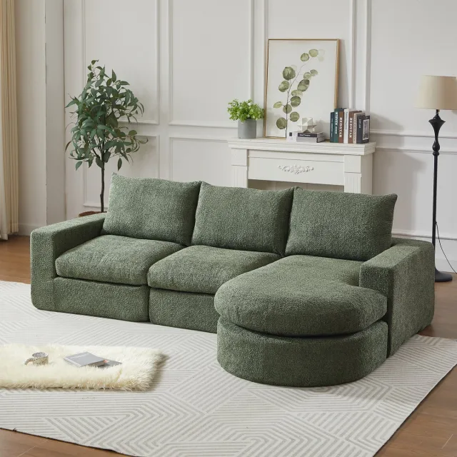 DESMIU Hoekbank - Modulair 3-Zits - Met Chaise Longue En Nekkussens - Voor Woonkamer En Lounge - Chenille - Groen