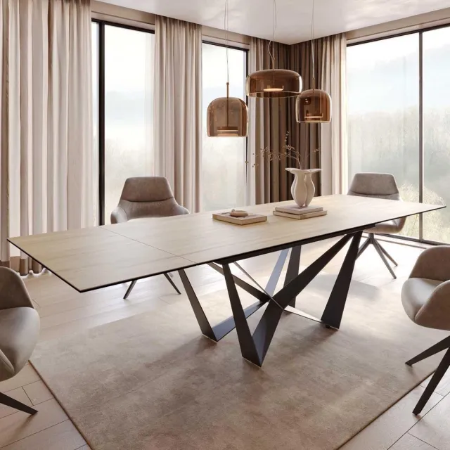 DELIFE Eetkamertafel Edge keramiek Laminam® Sabbia eiken kleur 200-300x100 spider vlak staal zwart uitschuifbaar Eichefarbig