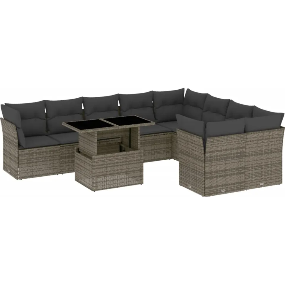 vidaXL 10-delige Loungeset met kussens poly rattan grijs, foto 3