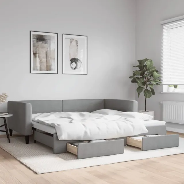 vidaXL Slaapbank onderschuifbed en lades 100x200 cm stof lichtgrijs grijs