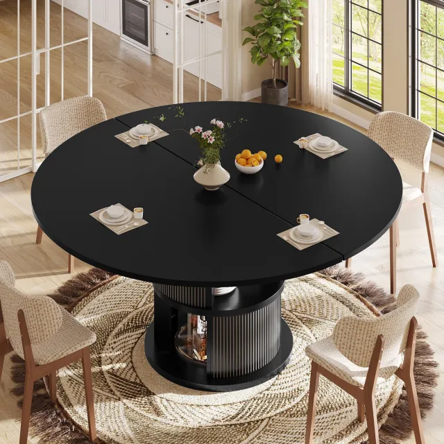 MIVRAY Eettafel - Uitschuifbaar Ovaal Met Zuilvoet En Opbergruimte - Voor 4 Tot 6 Personen - MDF En Metaal - Zwart - 118 Tot 158 Bij 118 Bij 77 Cm