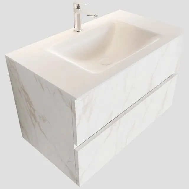 Boss & Wessing Badkamermeubel BWS Valencia Carrara Mat 80 cm Solid Surface Wastafel (1 kraangat, 2 lades)