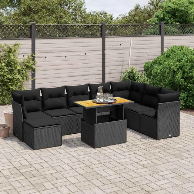 vidaXL 9-delige Loungeset met kussens poly rattan zwart, foto 2
