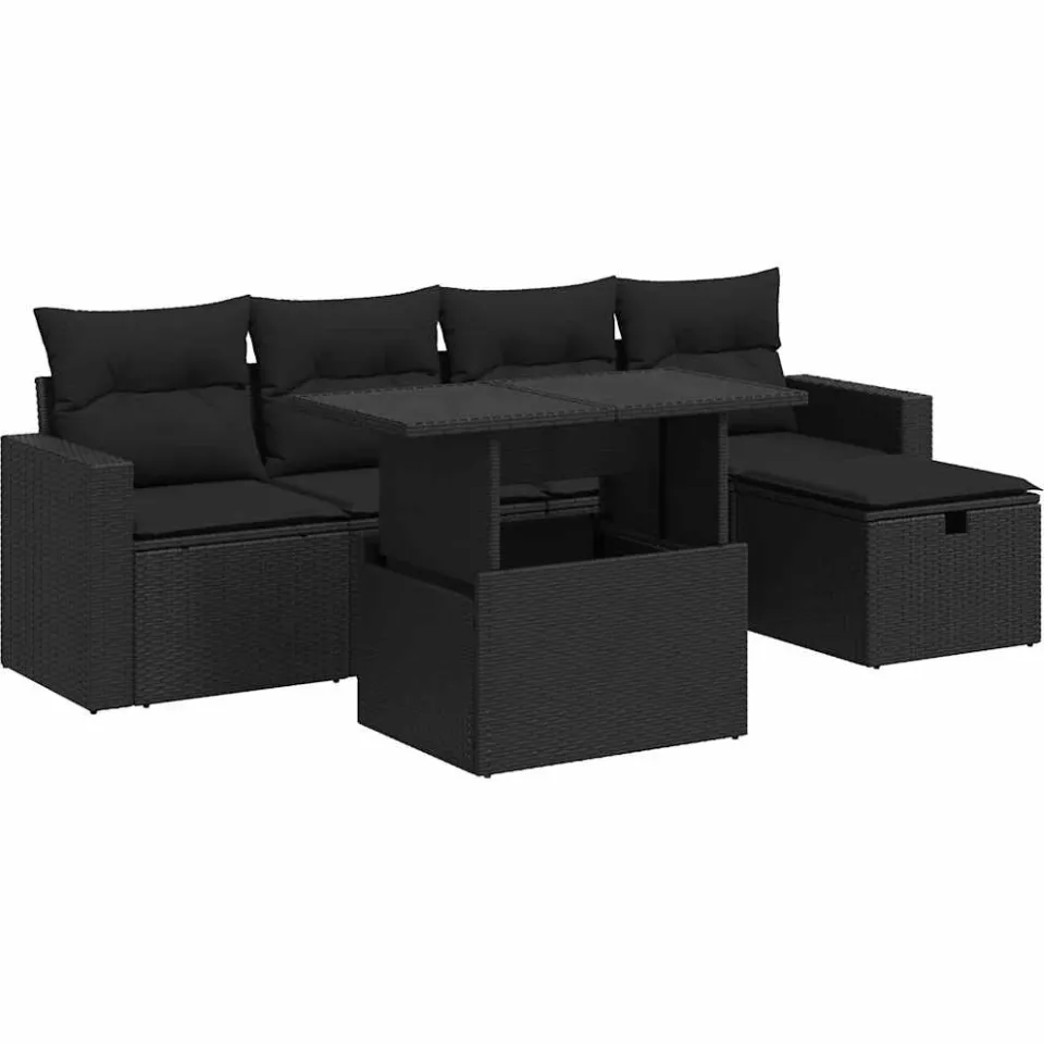 vidaXL 6-delige Loungeset met kussens poly rattan zwart, foto 3