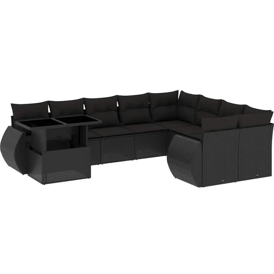 vidaXL 10-delige Loungeset met kussens poly rattan zwart, foto 3
