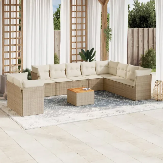 vidaXL 11-delige Tuinset met kussens poly rattan beige, foto 2