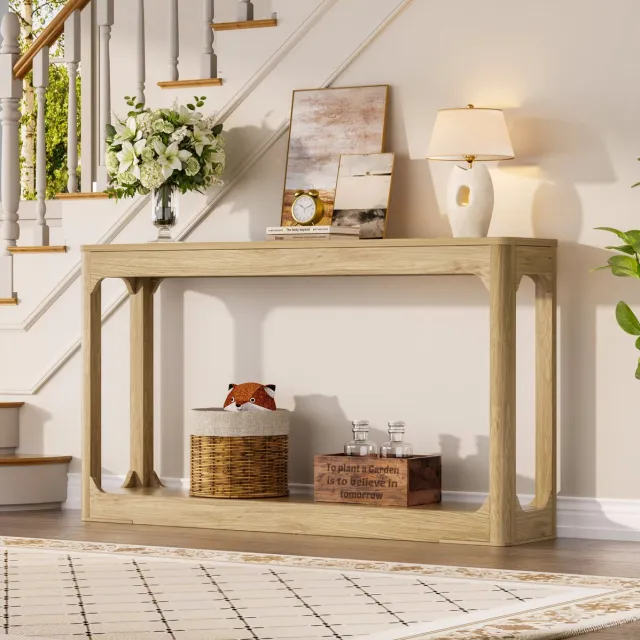 OKWISH Sidetable - 140 x 30 x 79 cm - 2 Open Planken - Opbergruimte Voor Hal En Achter Bank - Modern Minimalistisch - MDF Naturel Natural